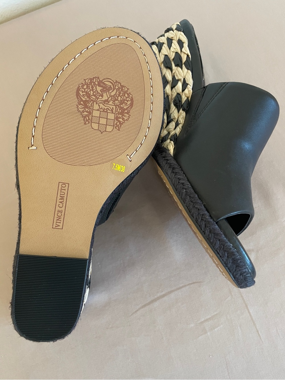 Vince Camuto Black Leather and Woven Espadrille Wedge Mules - Picture 5 of 6